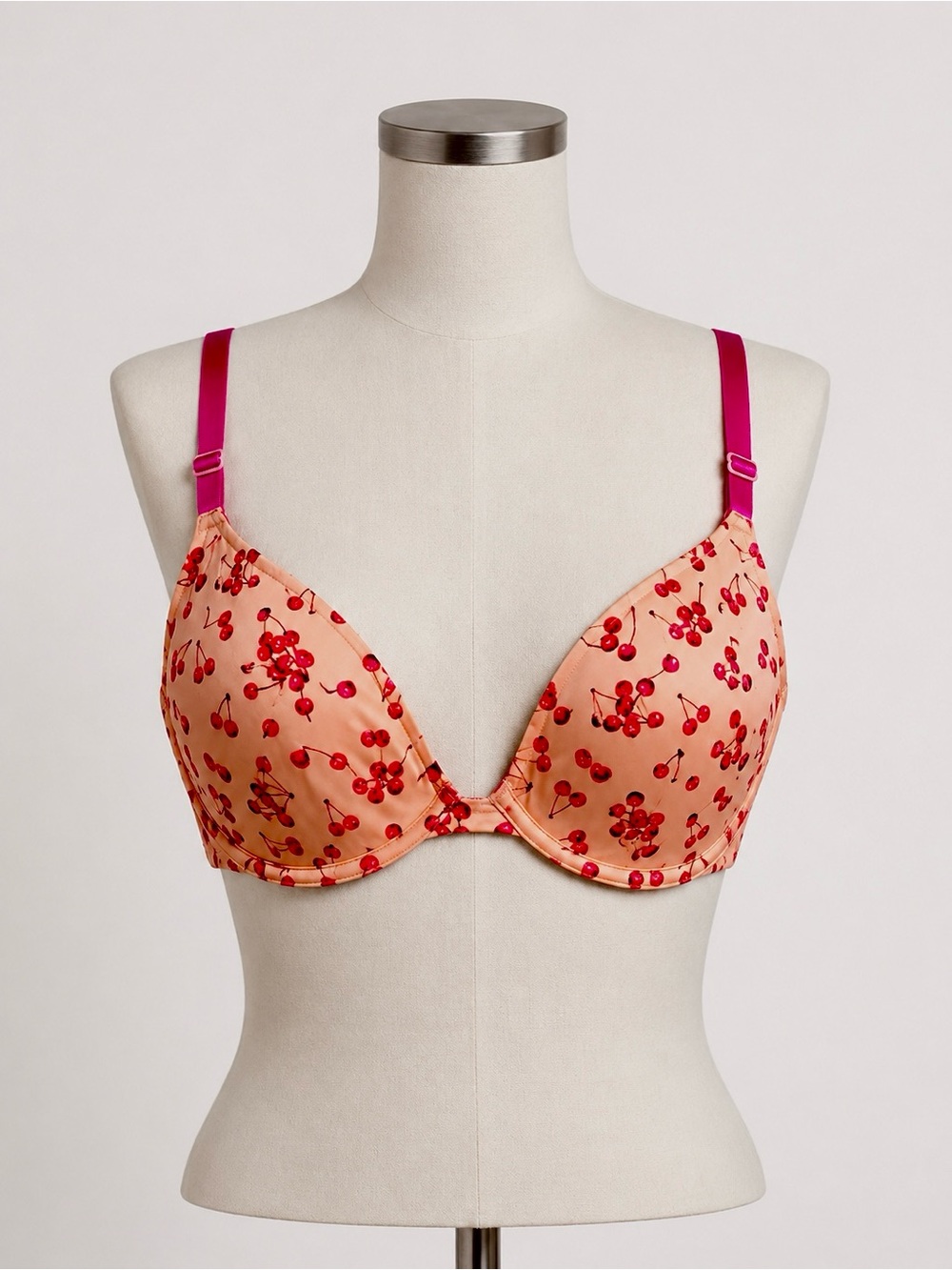 Victoria Secret Cherry Print Push-Up Bra in Peach and Fuchsia